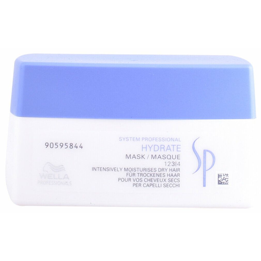 Weiß-blaue Dose. Aufschrift: Hydrate Mask, Wella Professionals Logo, SP Logo, Text in mehreren Sprachen.
