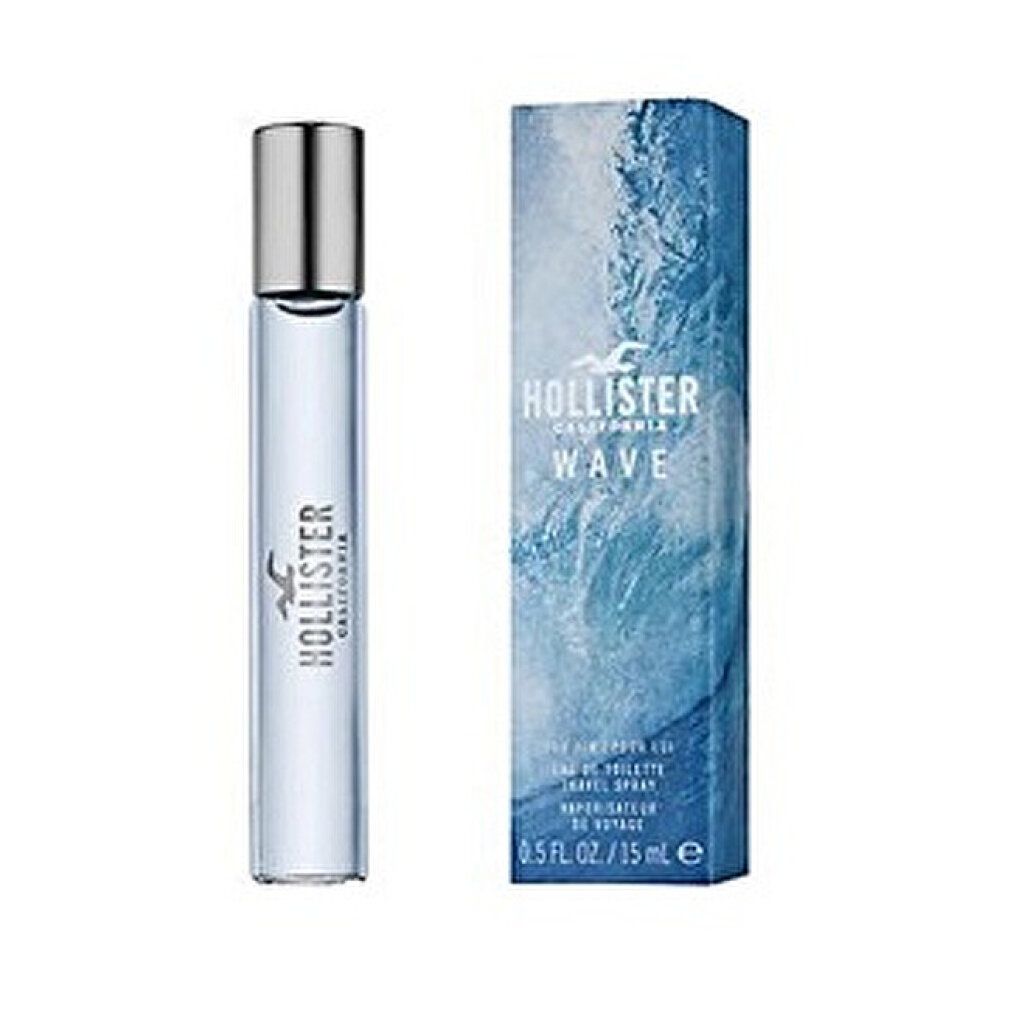Zylindrischer Flakon mit silbernem Deckel und Verpackung. Aufschrift: Hollister California Wave, Eau de Toilette Spray.