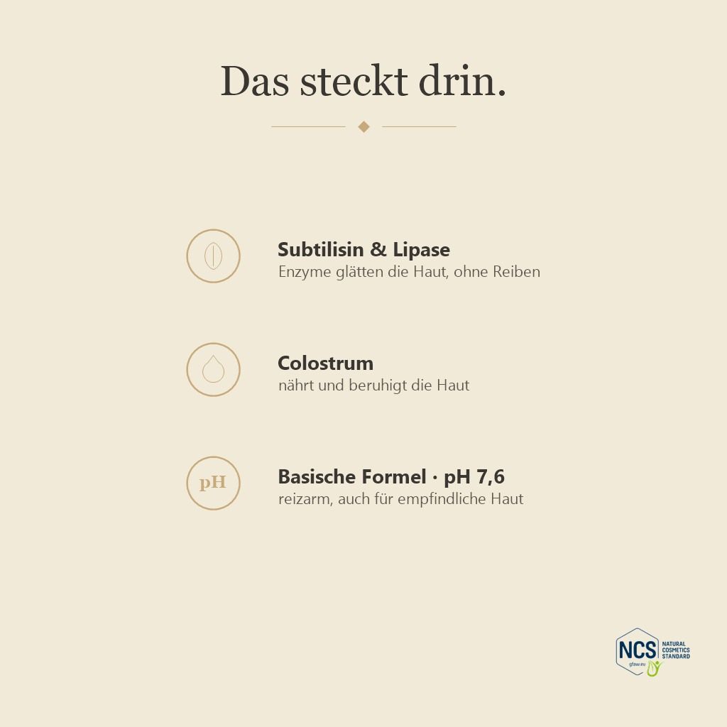 Flasche Lubana Enzympeeling mit Symbolen für Enzyme, Colostrum und basischen pH-Wert.