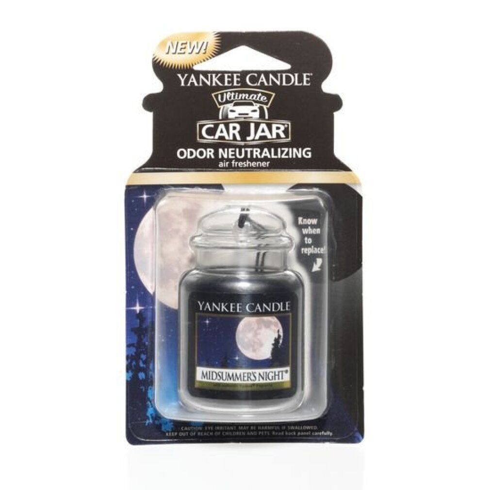 Lufterfrischer im Glasbehälter mit Aufhängung. Verpackt in Blisterverpackung. Aufschrift: Yankee Candle, Midsummers Night.