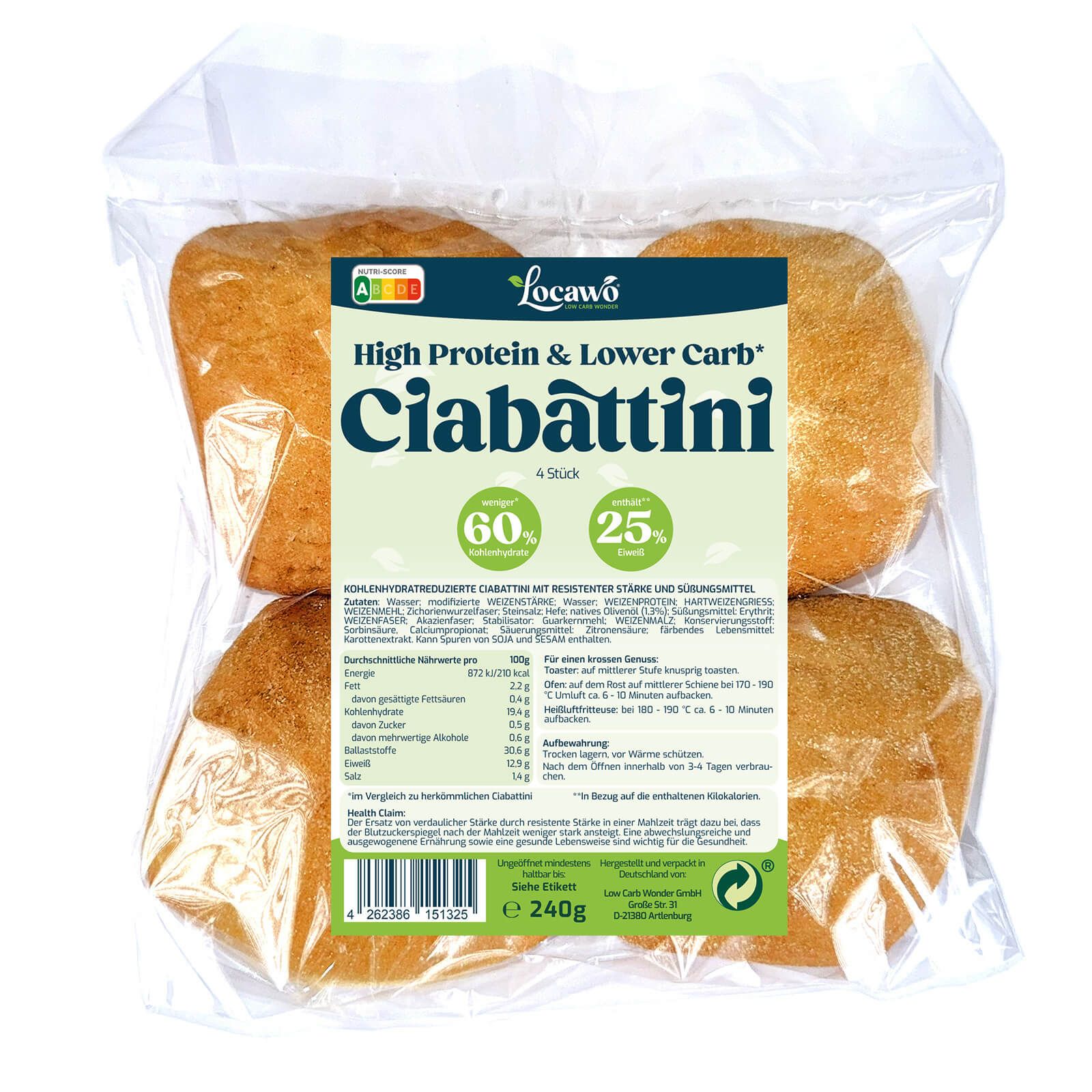 Locawo High Protein & Low Carb Ciabattini, 4 Stück im Beutel.