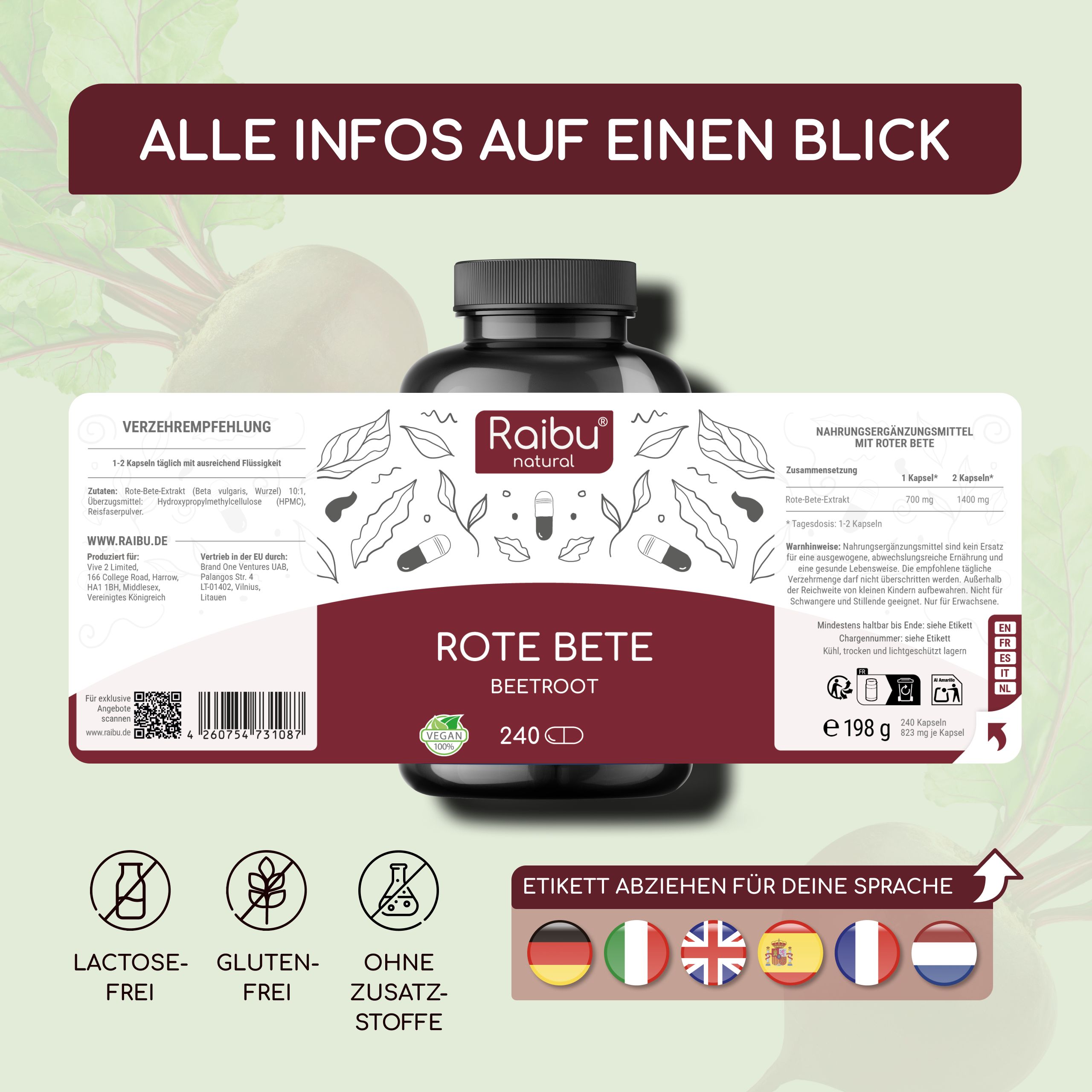 Rote Beete Kapseln Hochdosiert 14.000 mg - Vegan - 10:1 Extrakt mit natürlichen Nitraten - RAIBU