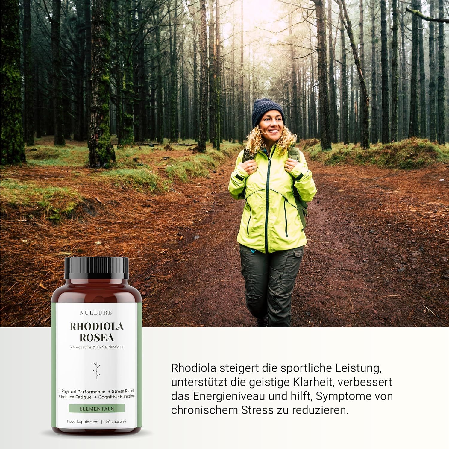 Frau im Wald neben Produktflasche. Flasche mit Etikett: Rhodiola Rosea, 3% Rosavins, 1% Salidroside. Text: Physical Performance, Stress Relief.