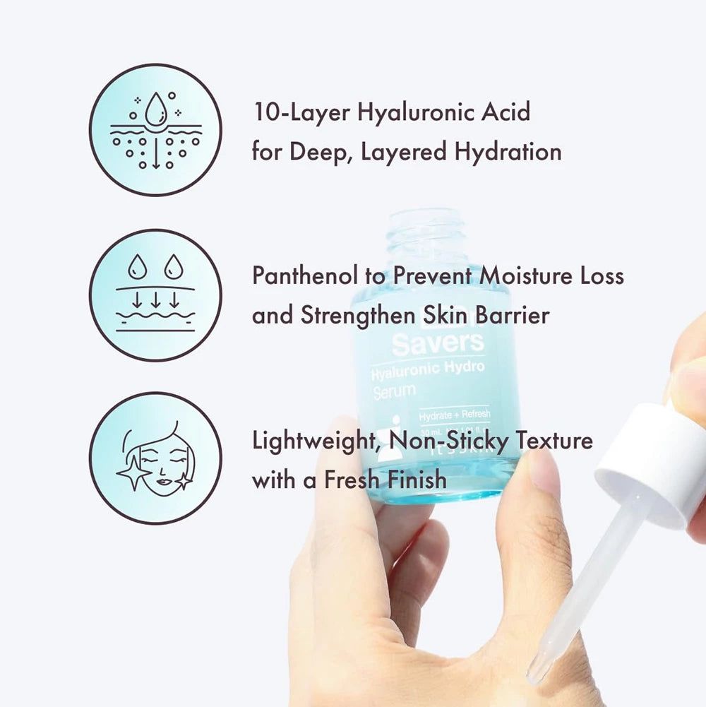 Serumfläschchen mit Tropfer. Aufschrift: Dr. Savers Hyaluronic Hydro Serum. Text: 10-Layer Hyaluronic Acid, Panthenol, Lightweight, Non-Sticky Texture.