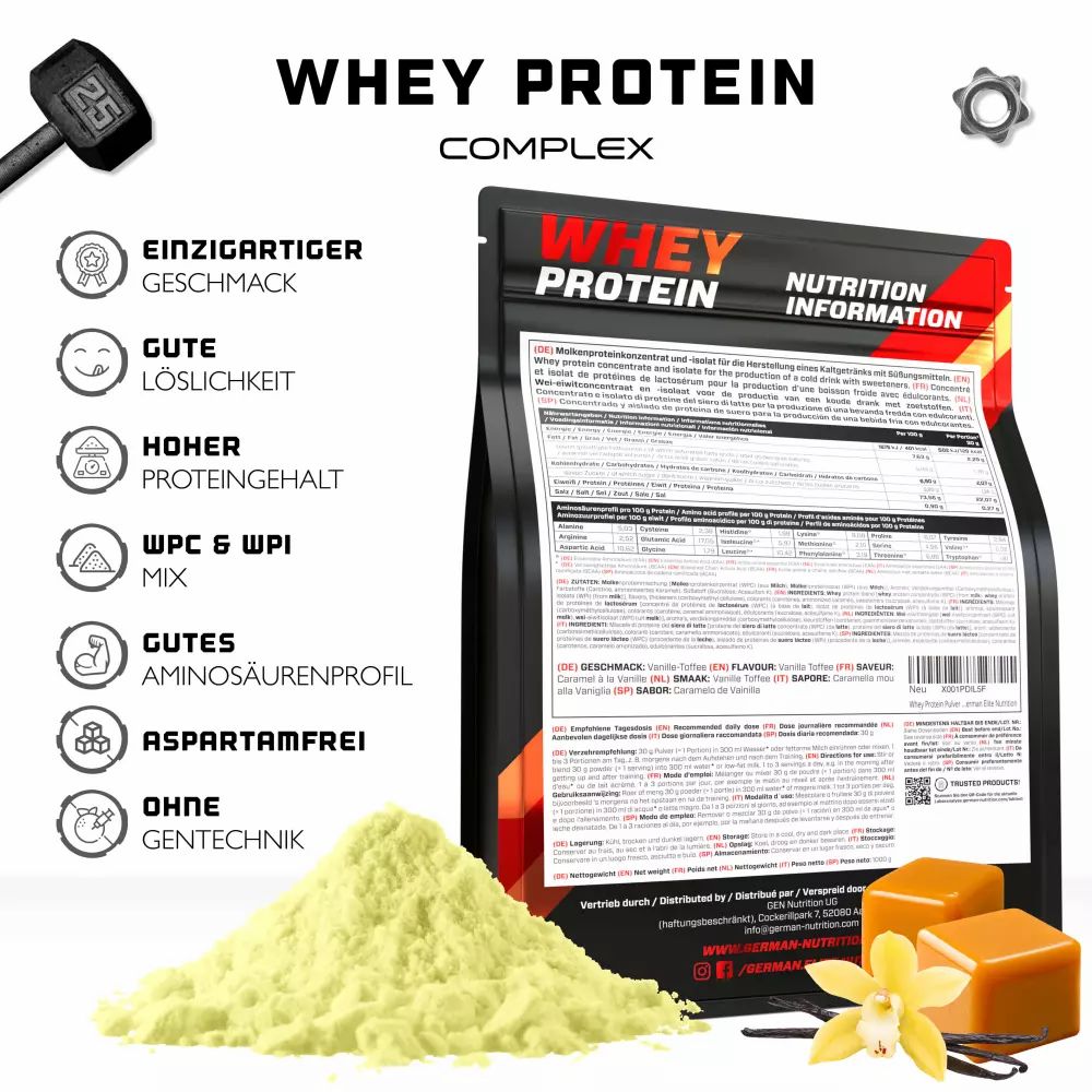 Schwarzer Beutel mit GEN Whey Protein Komplex. Gelbes Proteinpulver, Vanilleschote, Karamellbonbons.