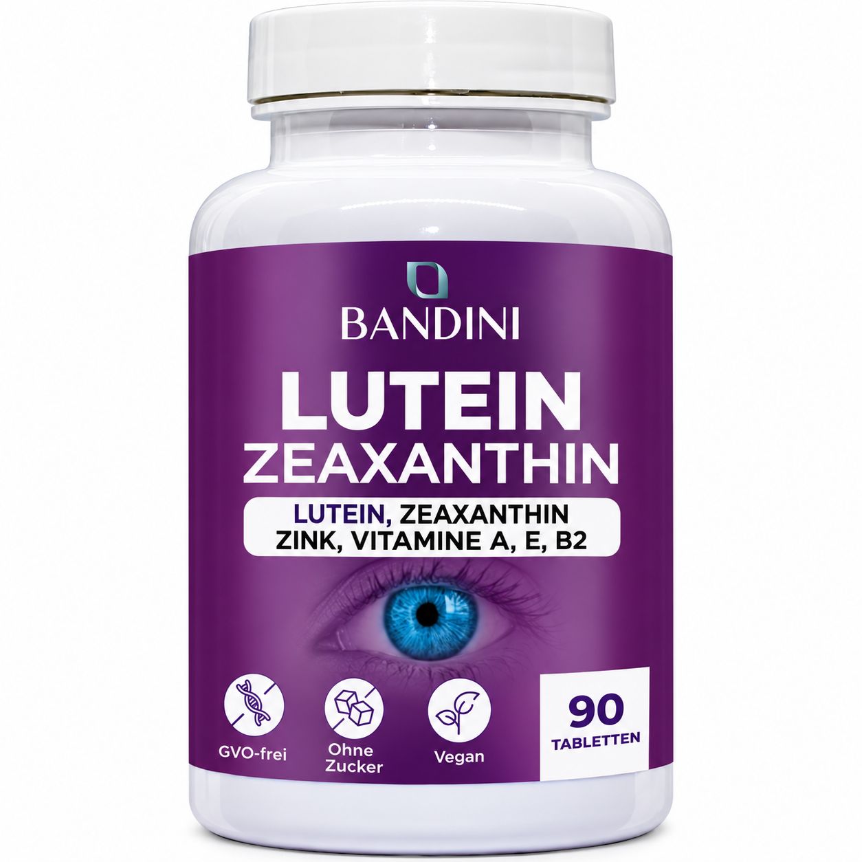 Flasche mit Lutein Zeaxanthin Nahrungsergänzungsmitteln von Bandini, 90 Tabletten, für die tägliche Begleitung.