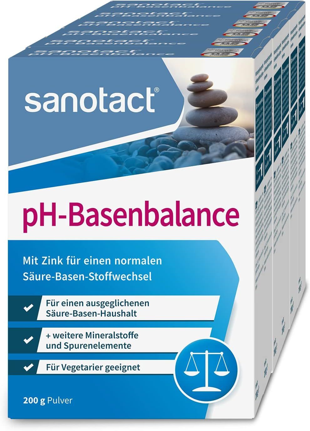 Mehrere Packungen sanotact pH-Basenbalance Pulver. Blaue und weiße Verpackung mit Produktnamen und Logo. Stapel von Steinen auf der Verpackung.