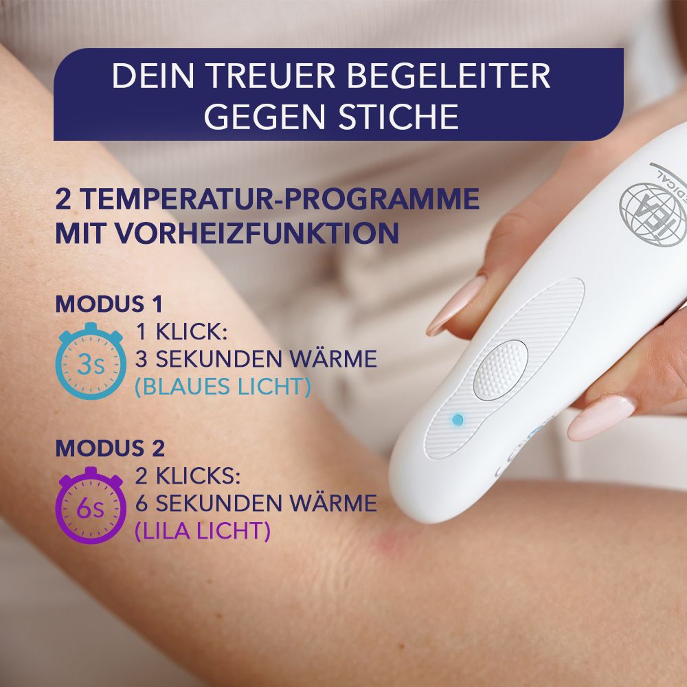 Nahaufnahme eines Arms mit einem weißen Insektenstichheiler. Text: 2 Temperatur-Programme mit Vorheizfunktion. Modus 1: 3 Sekunden Wärme.