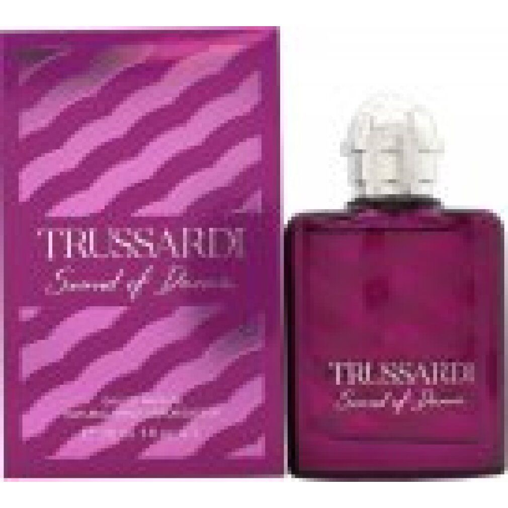 Flakon und Verpackung von Trussardi Sound of Donna. Rosa Flakon mit silbernem Deckel. Rosa Verpackung mit Wellenmuster.