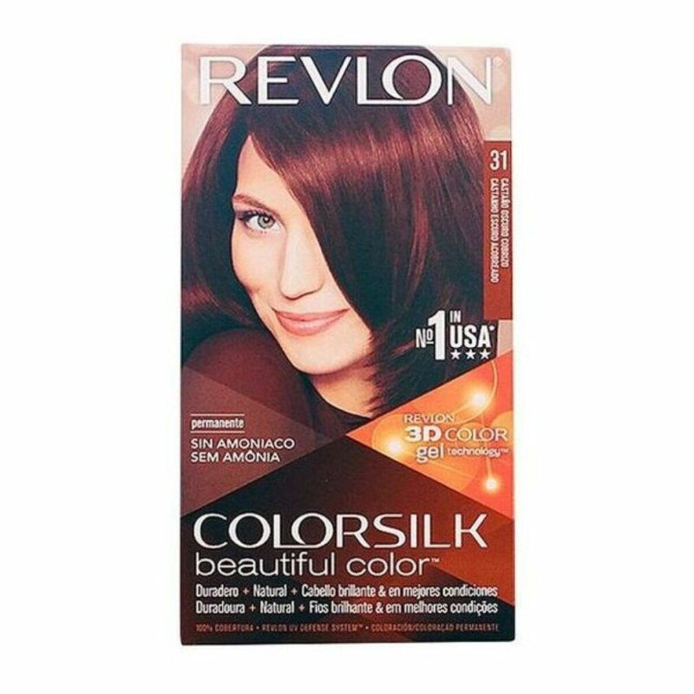 Revlon Colorsilk 31 Dark Auburn Haarfarbe. Verpackung mit Frau mit braunen Haaren. "Sin amoniaco" und "3D Color gel technology" sind sichtbar.