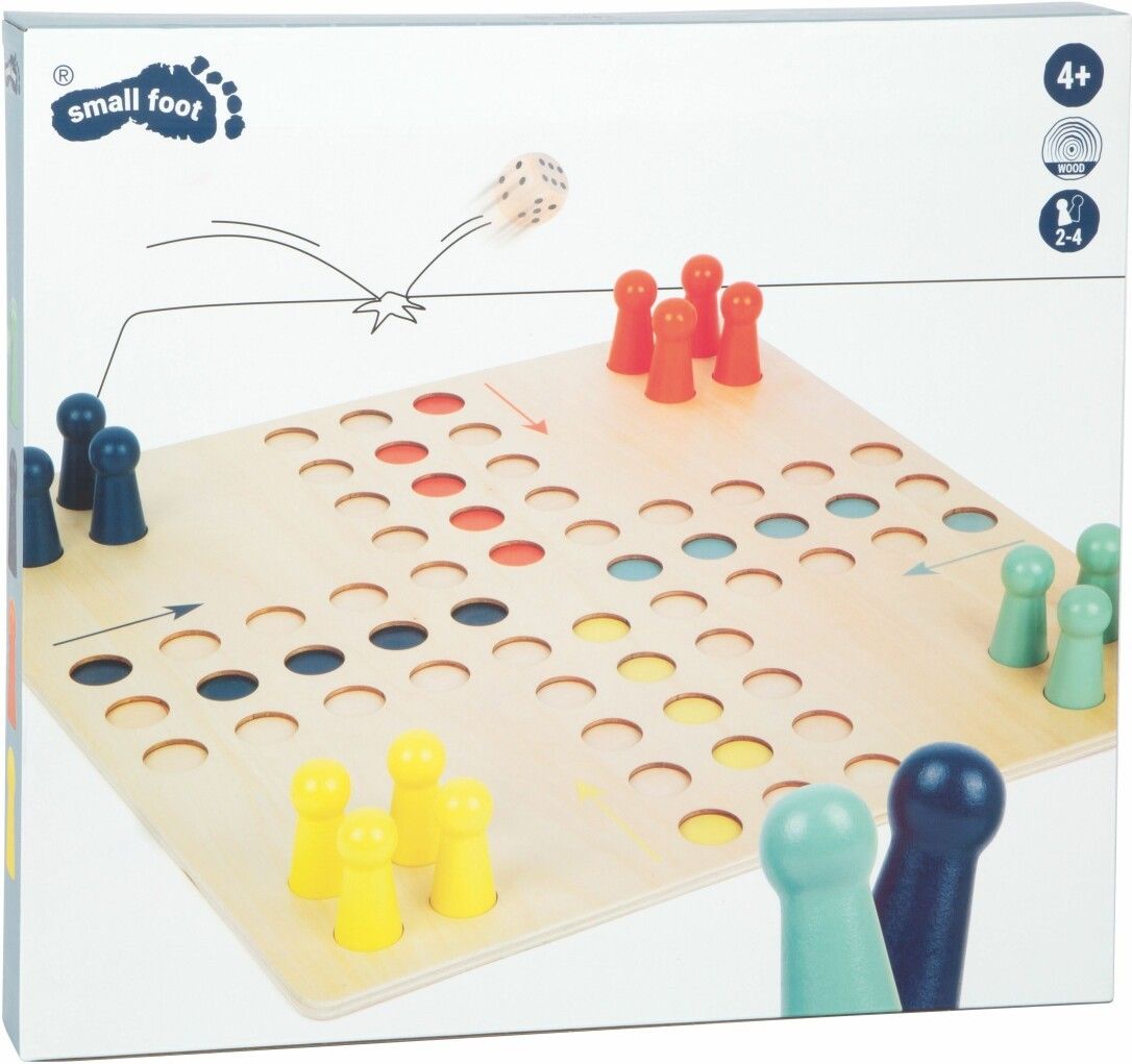 Verpackung von Smallfoot Ludo XL. Spielbrett mit Figuren und Würfel. Logo und Produktname. Altersempfehlung: 4+.