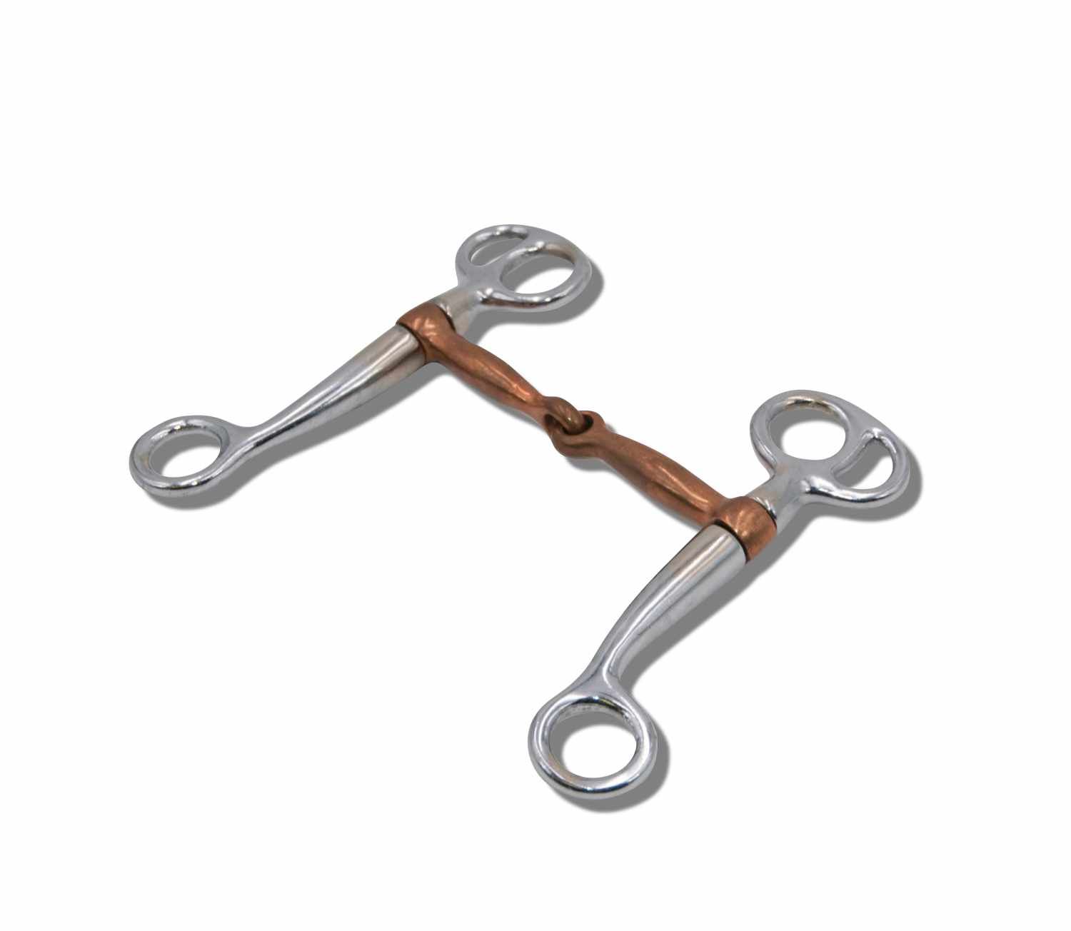AMKA Tom Thumb Snaffle. Metall, kupferfarbenes Mundstück, silberfarbene Seitenteile. Ringe an den Enden. Verbindungsstück.