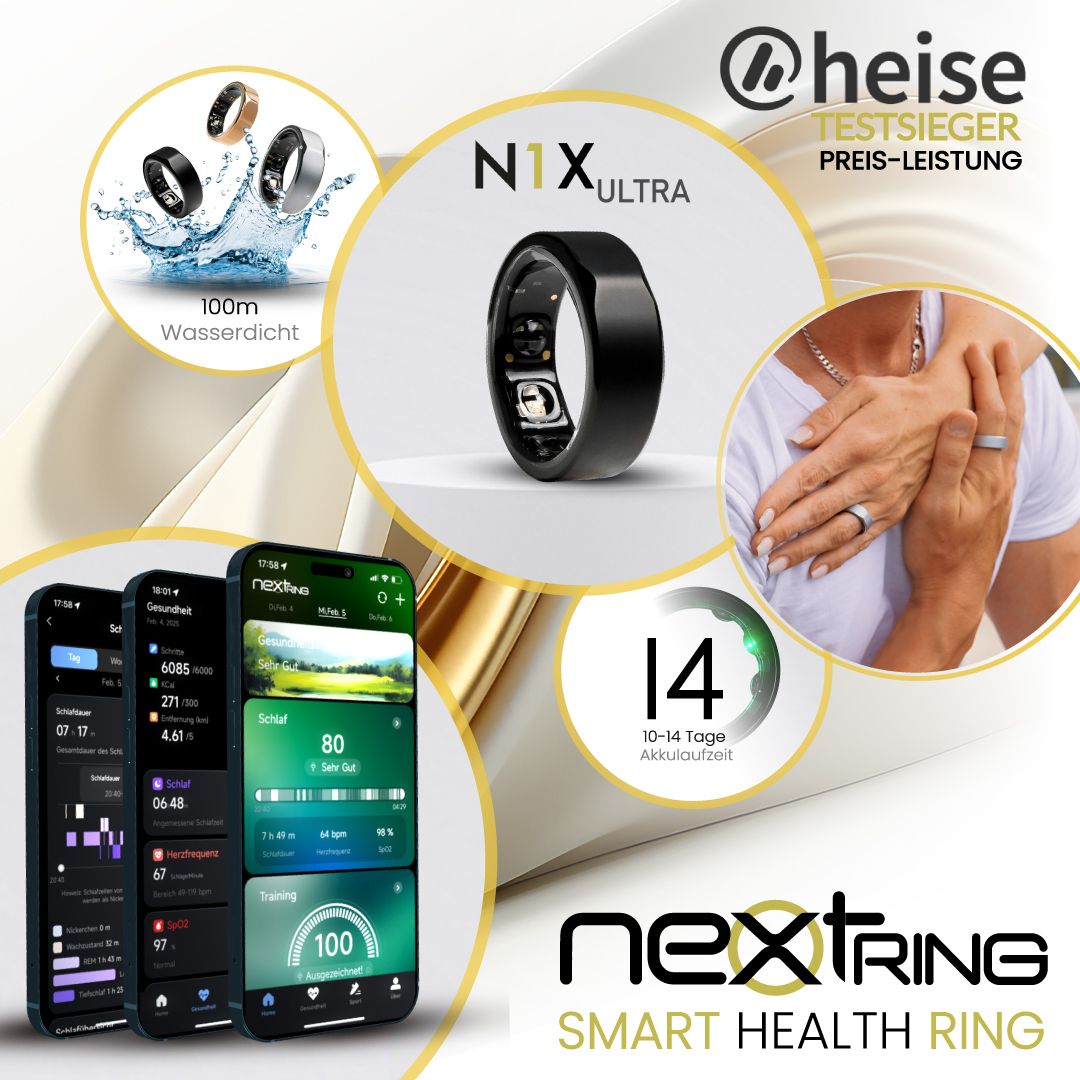 Werbebild für NEXTRING N1X ULTRA. Ringe in Wasser, Smartphone-Screens, Hände mit Ring.