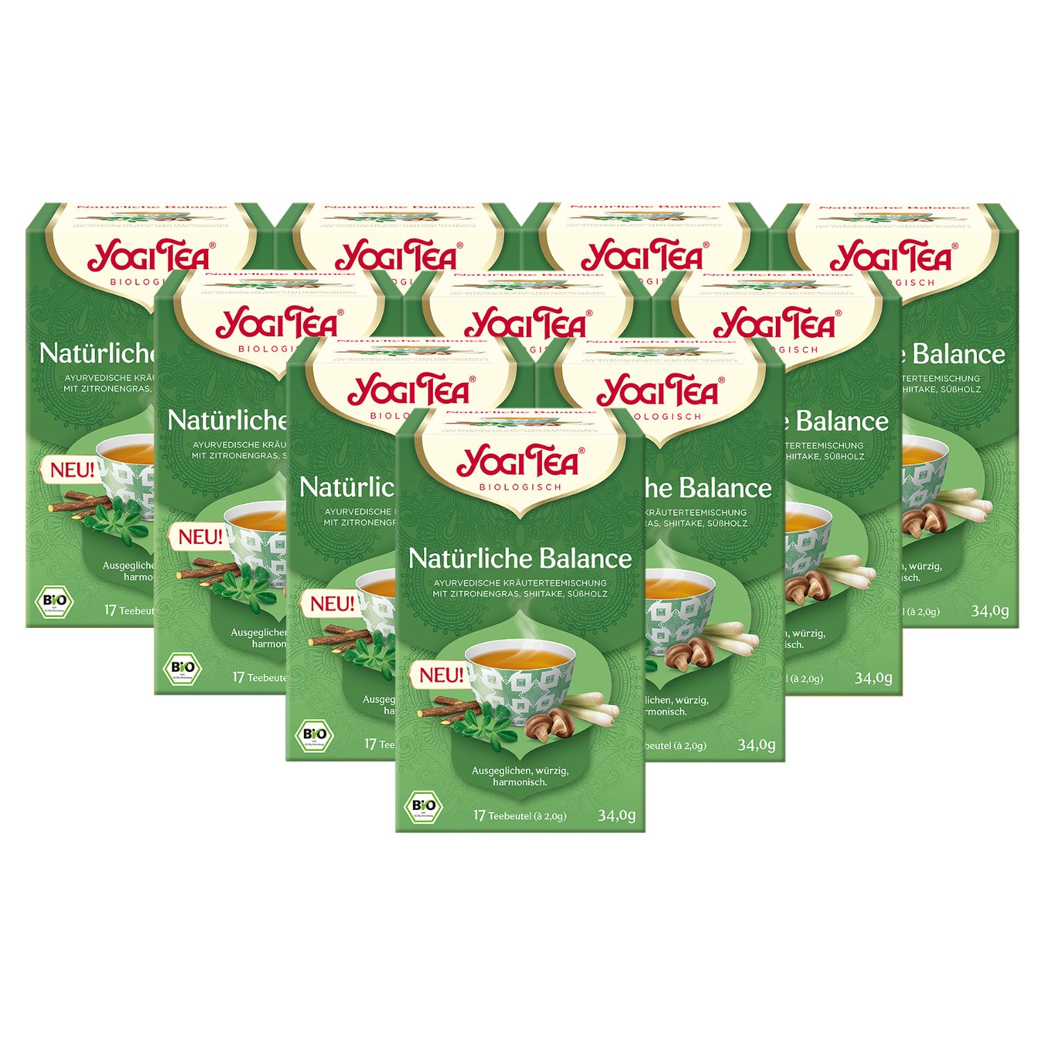 Mehrere grüne Schachteln Yogi Tea. Aufschrift: Natürliche Balance, Bio. Mit 17 Teebeuteln. Aufdruck: NEU!