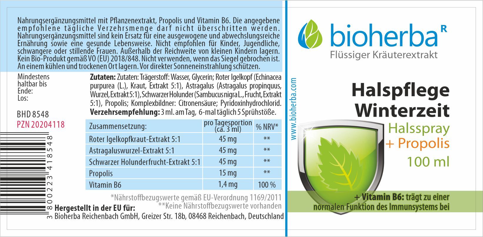 Etikett mit Produktinformationen. "Bioherba" Logo. "Halspflege Winterzeit Halsspray + Propolis" und Inhaltsstoffe.