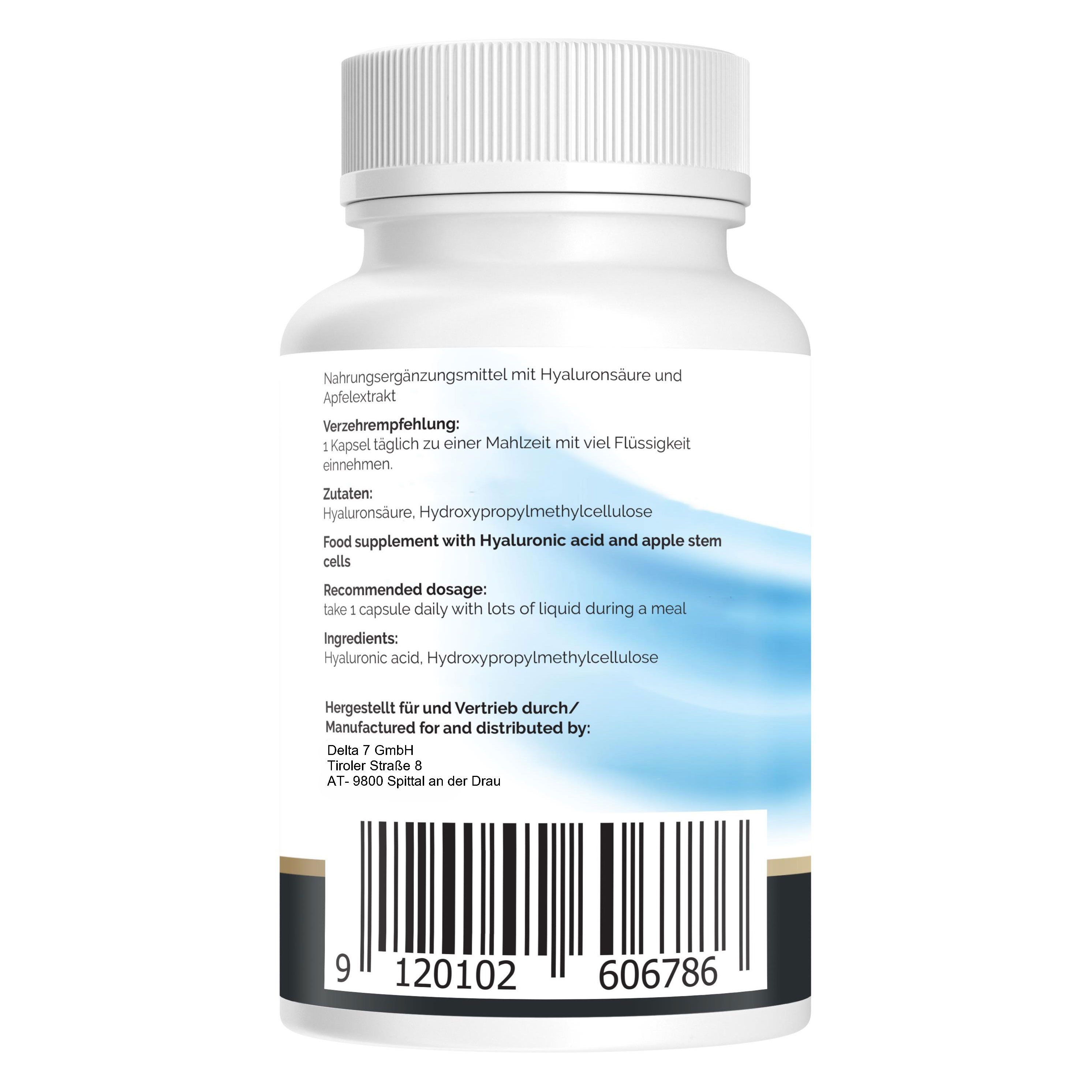 Rückseite der Flasche. Zutaten: Hyaluronsäure, Hydroxypropylmethylcellulose, Apfelextrakt. Verzehrempfehlung: 1 Kapsel täglich mit Flüssigkeit.