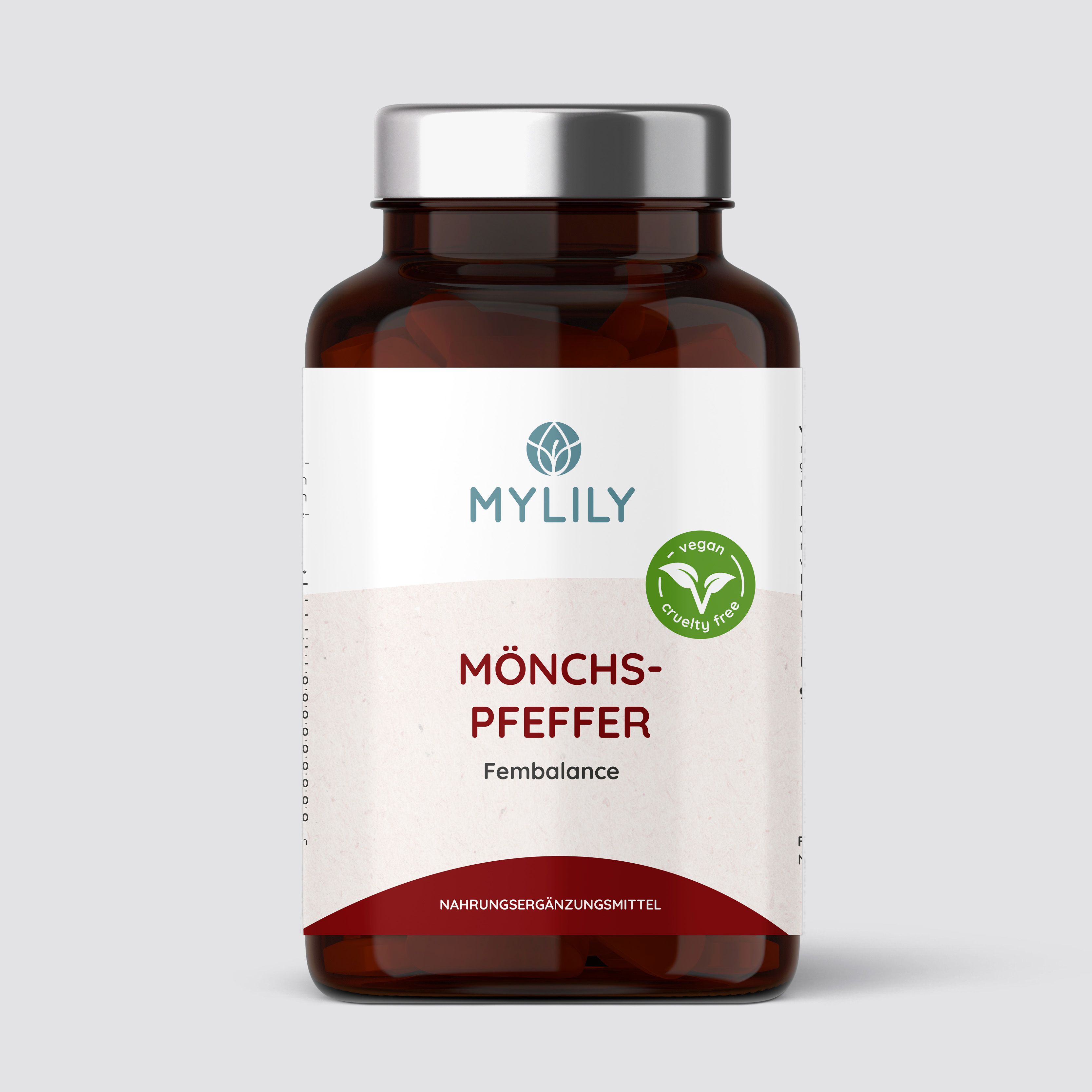 Braune Flasche mit weißen Etikett. MYLILY Logo und Produktname: Mönchspfeffer. Vegan-Siegel.