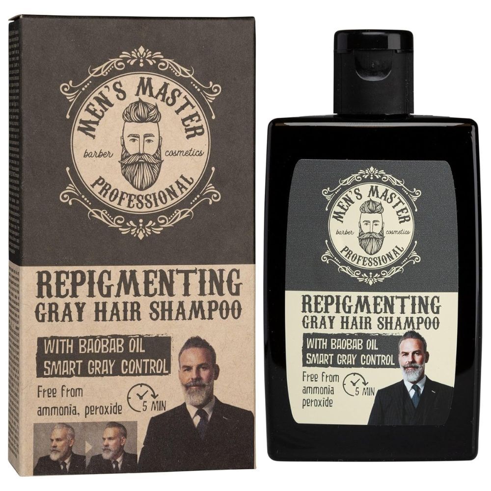 Schwarze Flasche und Karton mit Produktaufdruck. Enthält Repigmenting Gray Hair Shampoo. Mit Baobab-Öl und Smart Gray Hair Control.