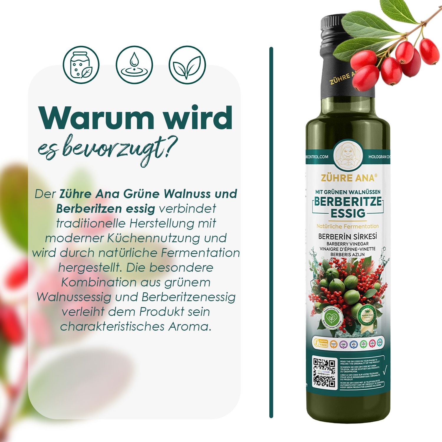 Dunkelgrüne Glasflasche mit Zühre Ana Berberitzen Essig. Etikett zeigt grüne Walnüsse und rote Berberitzen.
