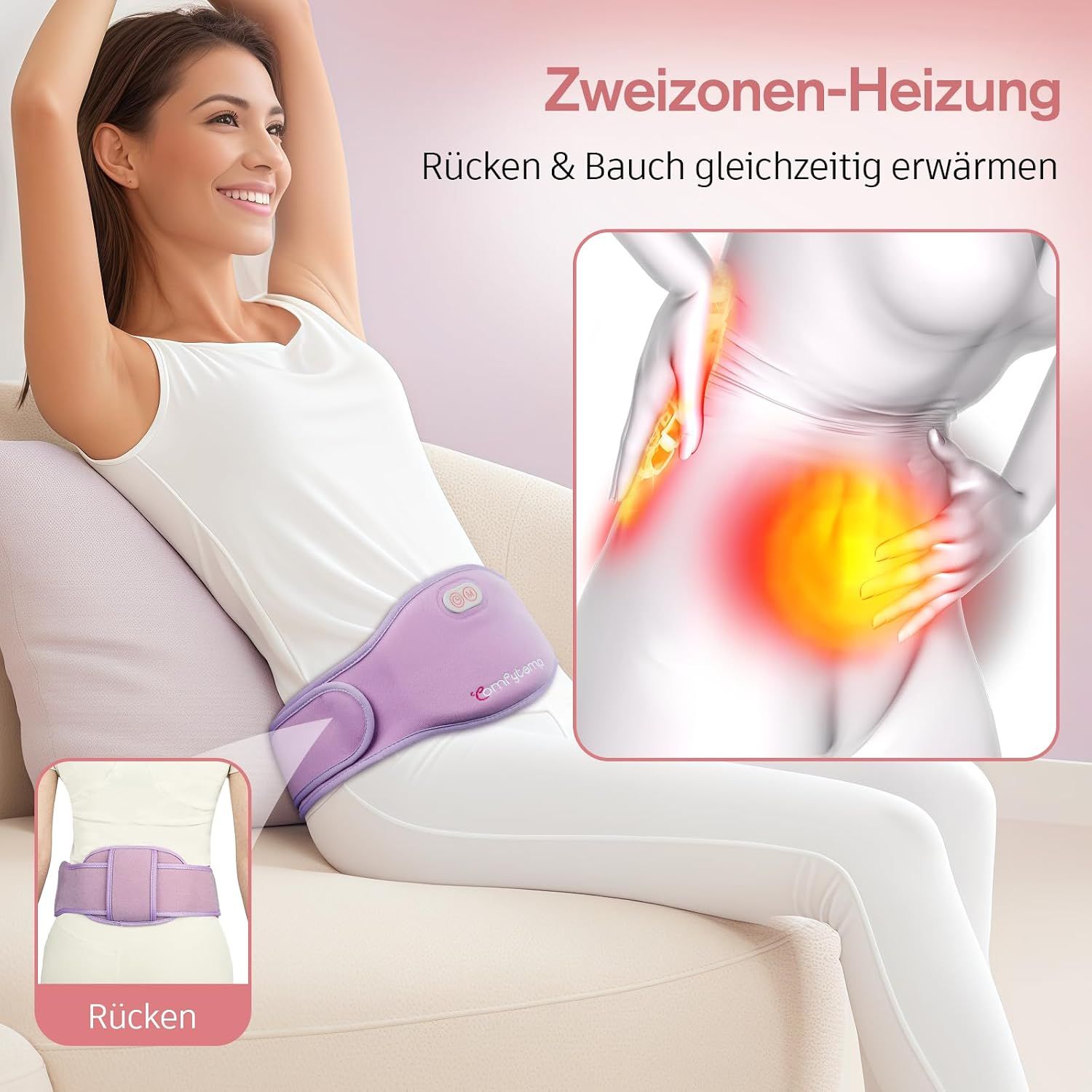 Frau mit Heizgürtel, der Rücken und Bauch wärmt. Grafik zeigt Schmerzzone im unteren Rücken.