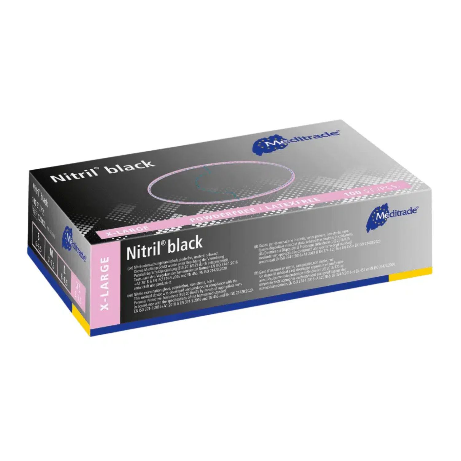 Schwarze Box mit Produktname "Nitril black" und Logo "Meditrade". Größe XL-Large. Rosa und gelbe Akzente.