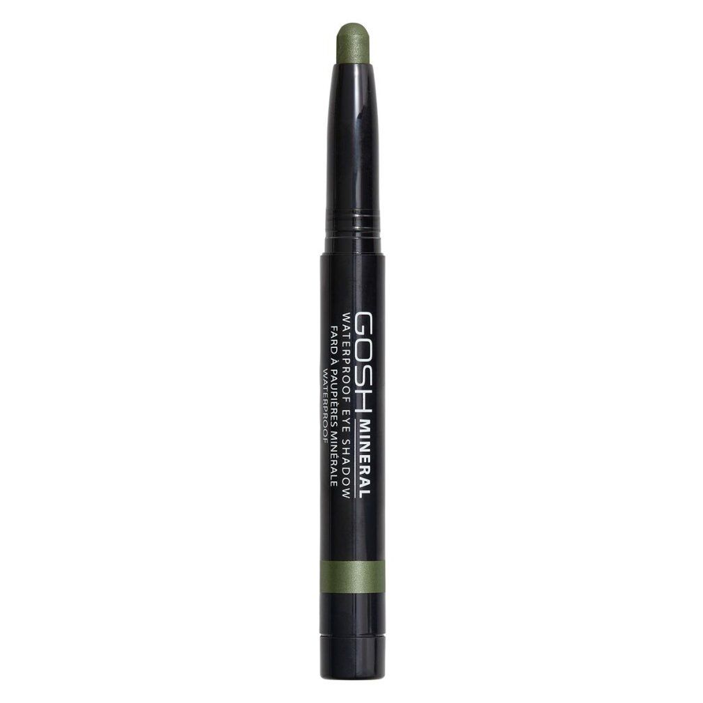 Gosh Mineral Waterproof Eye Shadow 013-Olive Green. Schwarzer Stift mit olivgrüner Spitze. Produktbeschriftung.