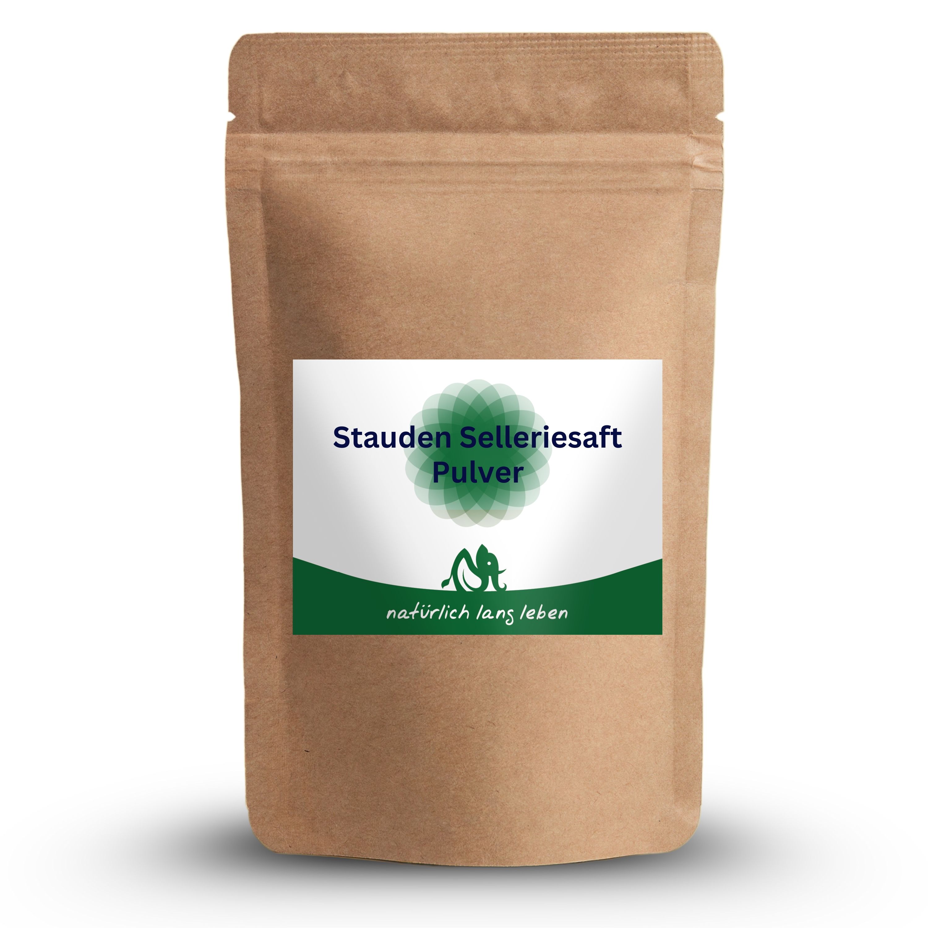 Braune Tüte mit Etikett. Etikett mit Produktnamen und Logo. Produktname: Stauden Selleriesaft Pulver. Logo: grünes Blatt-Design.