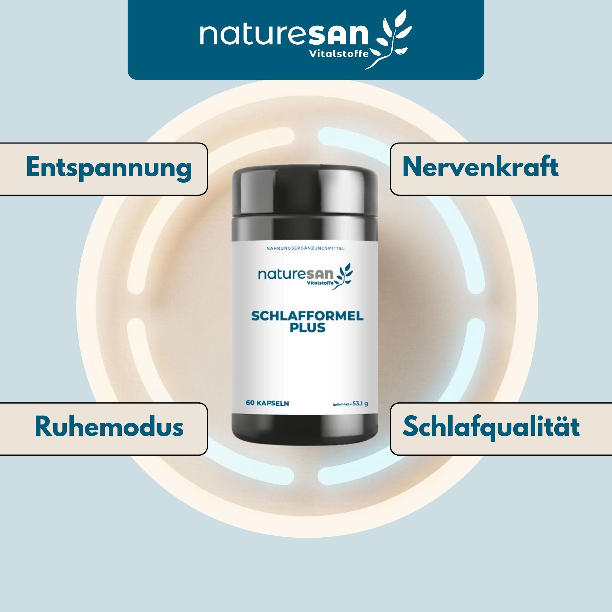 Naturesan Schlafformel Plus, Kapseln. Dose mit Produktnamen und Logo. 60 Kapseln. Schlagwörter: Entspannung, Ruhemodus, Nervenkraft, Schlafqualität.