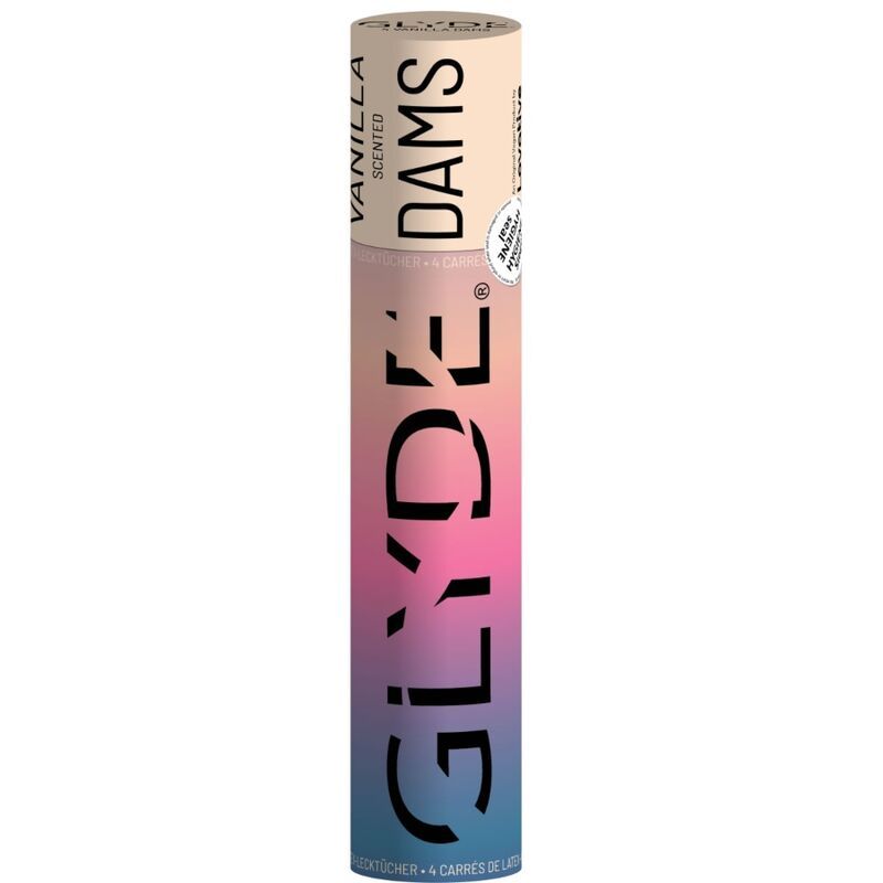 Zylinderförmige Verpackung. Aufdruck: GLYDE DAMS, VANILLA, Duft. Logo: GLYDE. Auf der Seite: 4 Latex-Tücher.