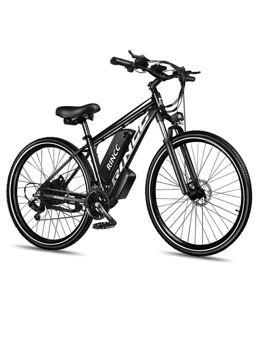 Schwarzes Rincc R200 E-Bike, Seitenansicht. Akku am Rahmen, Reifen mit Profil. Rincc-Logo sichtbar.
