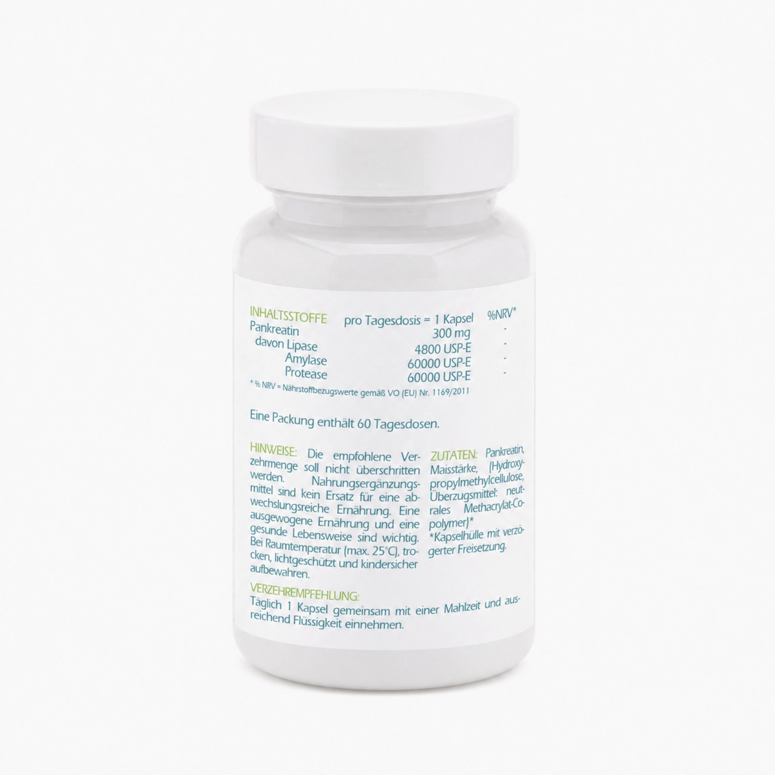 Weißes Pillenfläschchen mit grünem Etikett. Text: Inhaltsstoffe, 60 Kapseln, Hinweise. Enthält Pankreatin, Lipase, Amylase, Protease.