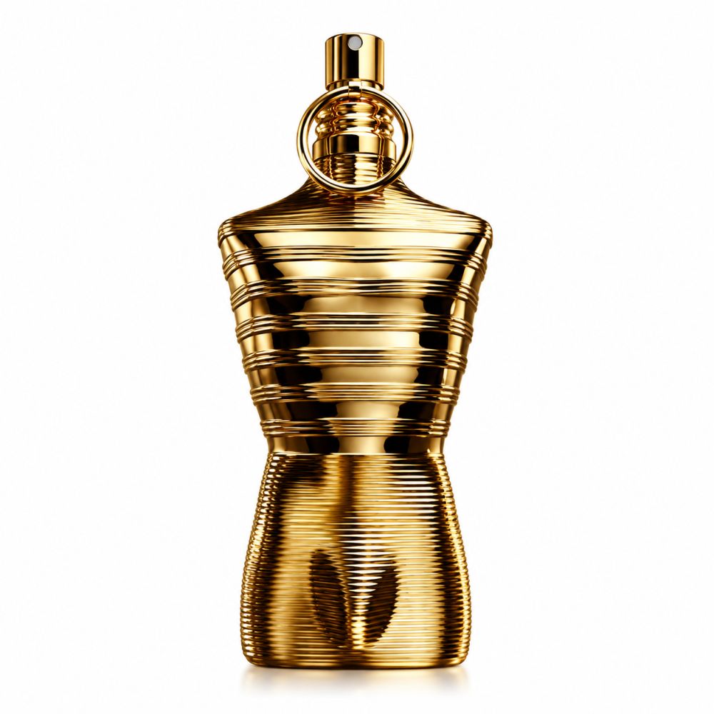 Goldfarbene Flasche in Form eines männlichen Torsos mit geripptem Design.