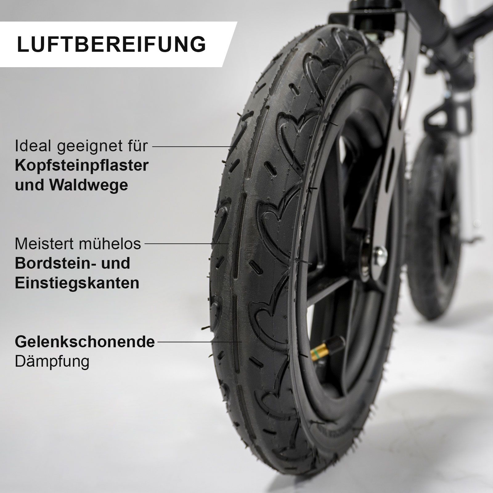 Nahaufnahme eines Rollator-Reifens. Luftbereifung. Geeignet für Kopfsteinpflaster und Waldwege. Marke: Lösch.