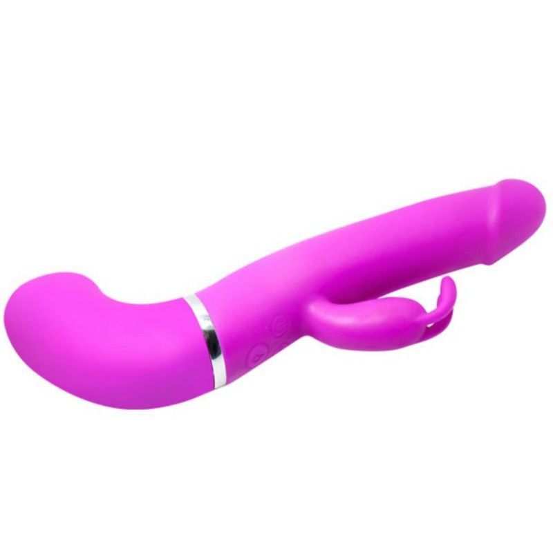 Lila Vibrator mit gebogener Form, Kaninchenohren und silbernem Ring. Knöpfe auf der Oberfläche.