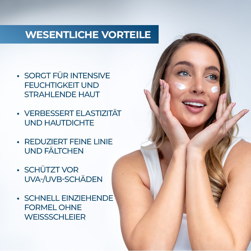 Frau mit Creme auf Gesicht. Text: Feuchtigkeit, strahlende Haut, Elastizität, reduziert Falten, UVA/UVB-Schutz, schnell einziehend.