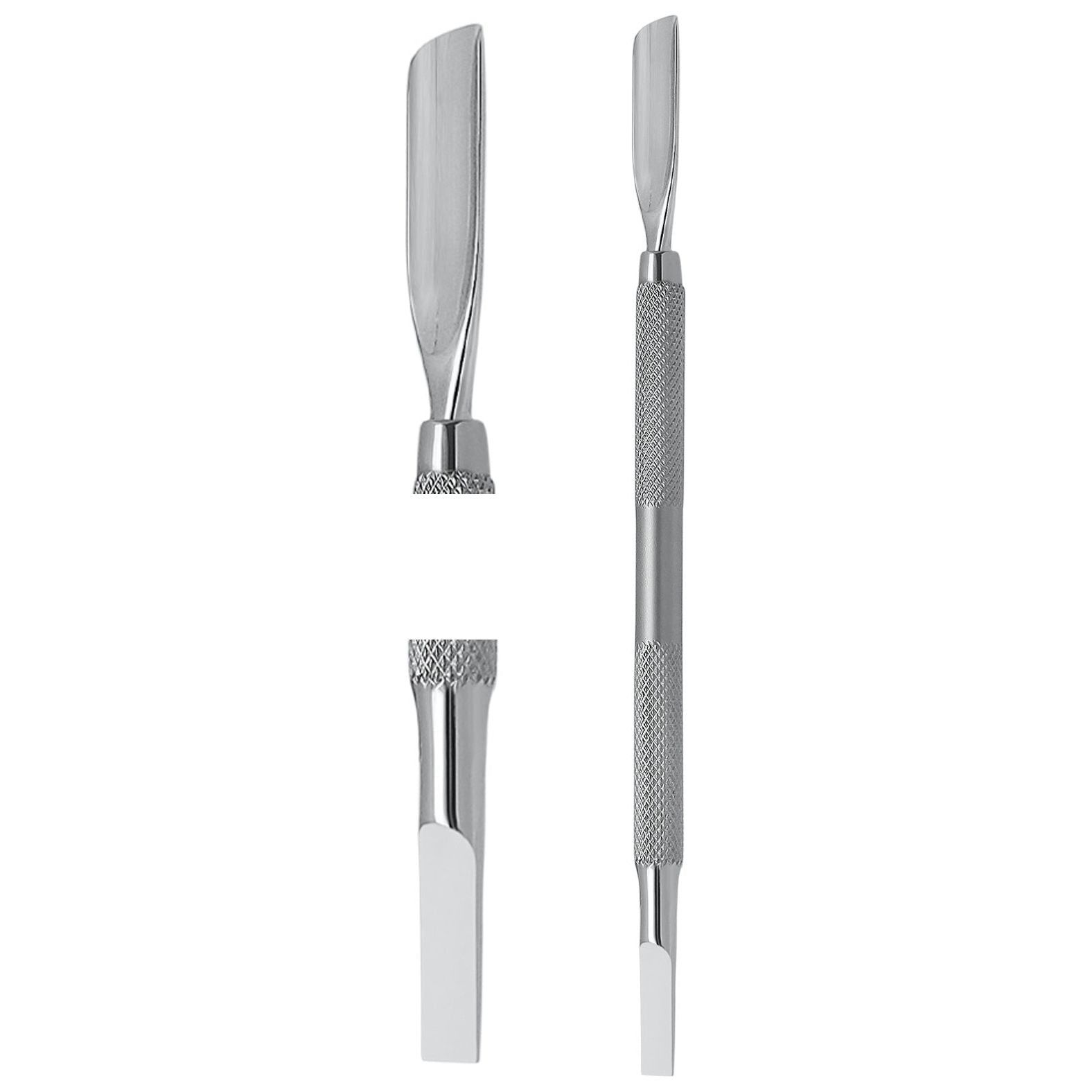 Nagelpusher aus Metall. Beidseitig verwendbar. Ein Ende spachtelförmig, das andere spitz. Griff geriffelt.