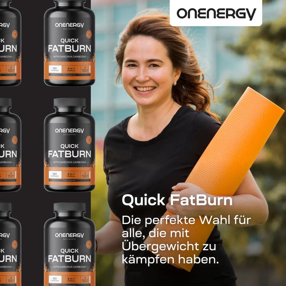 Frau mit Yogamatte und mehreren Dosen Onenergy Quick FatBurn.