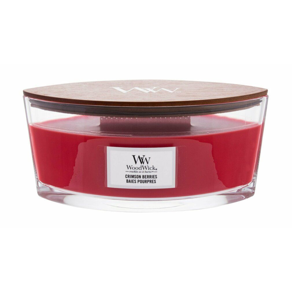 Rote elliptische Kerze in Glasform mit Holzdeckel. Label mit 'WoodWick' und 'Crimson Berries'.