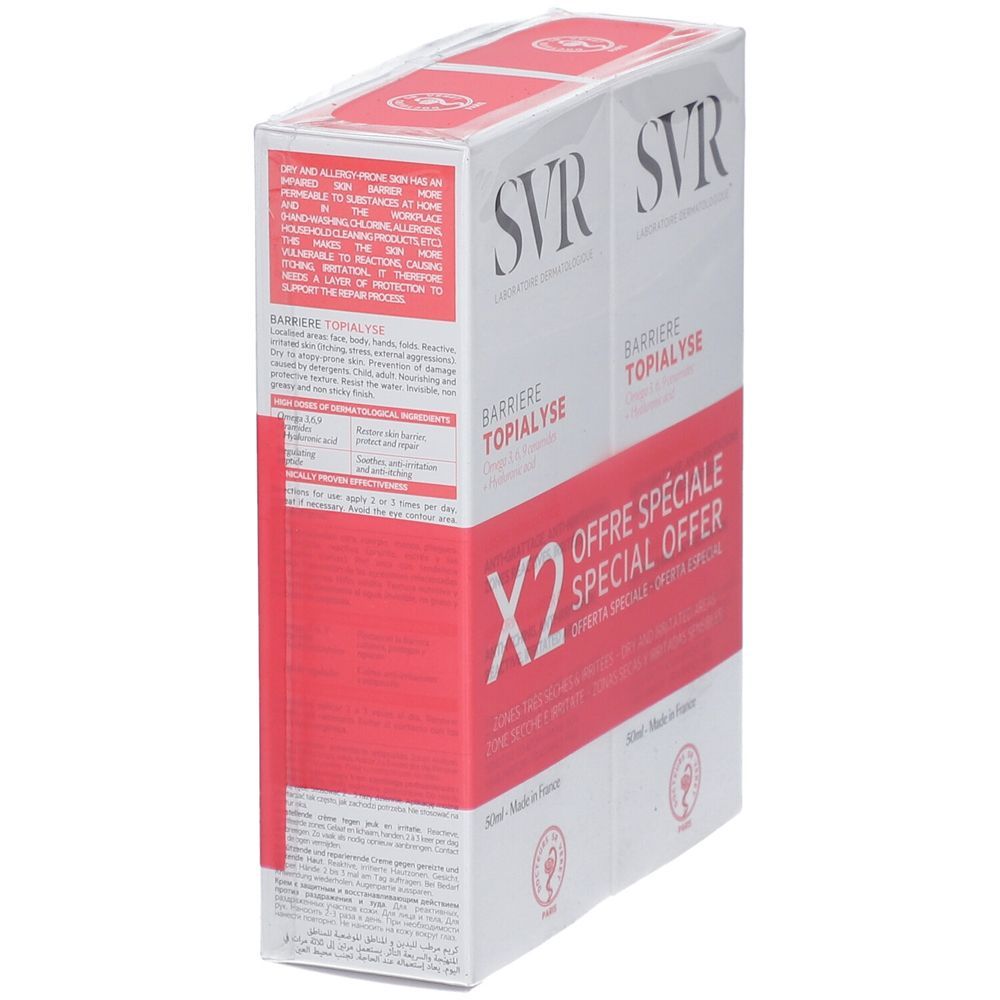 SVR Barriere Topialyse Duopack. Schrägansicht der Verpackung. Weiß-rote Farbgebung. Produktname und Logo sichtbar. "X2" und "Offre Spéciale".