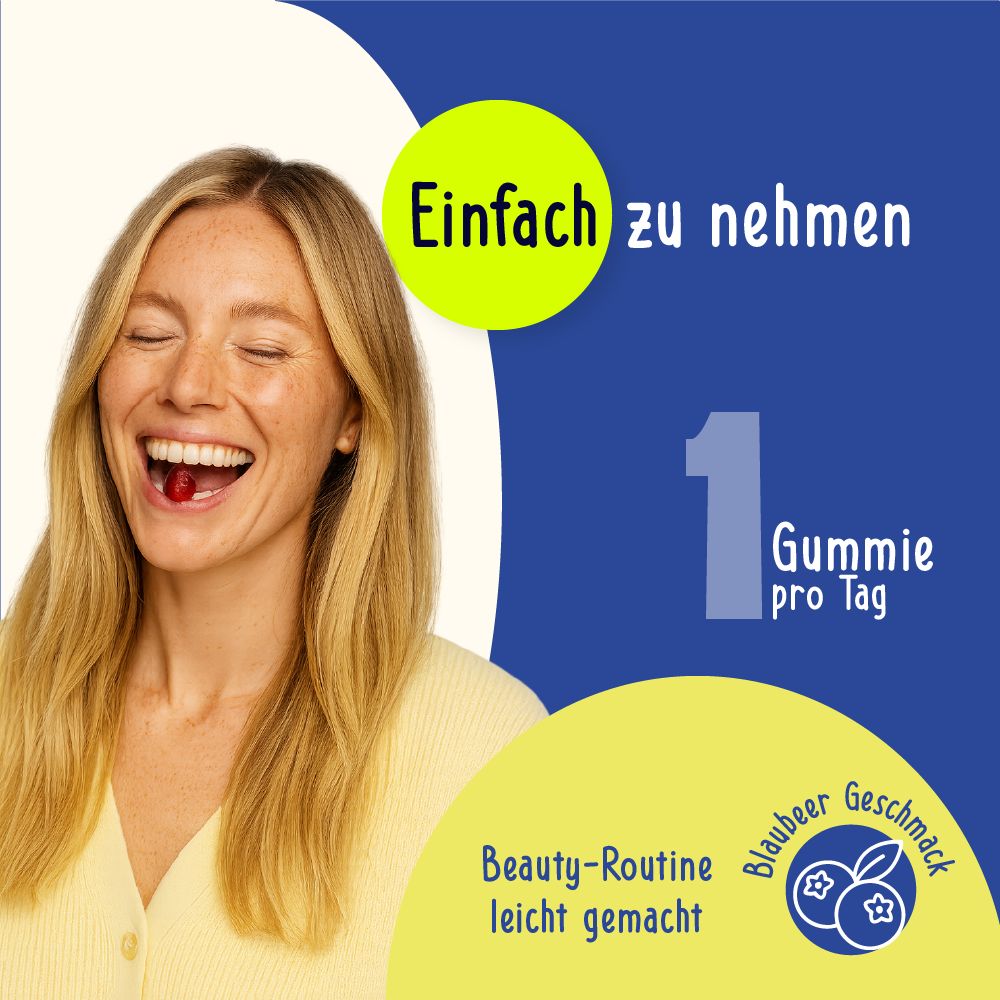 Frau lächelt, hält ein Gummibärchen im Mund. Text: 1 Gummie pro Tag, Blaubeer-Geschmack. Beauty-Routine leicht gemacht.