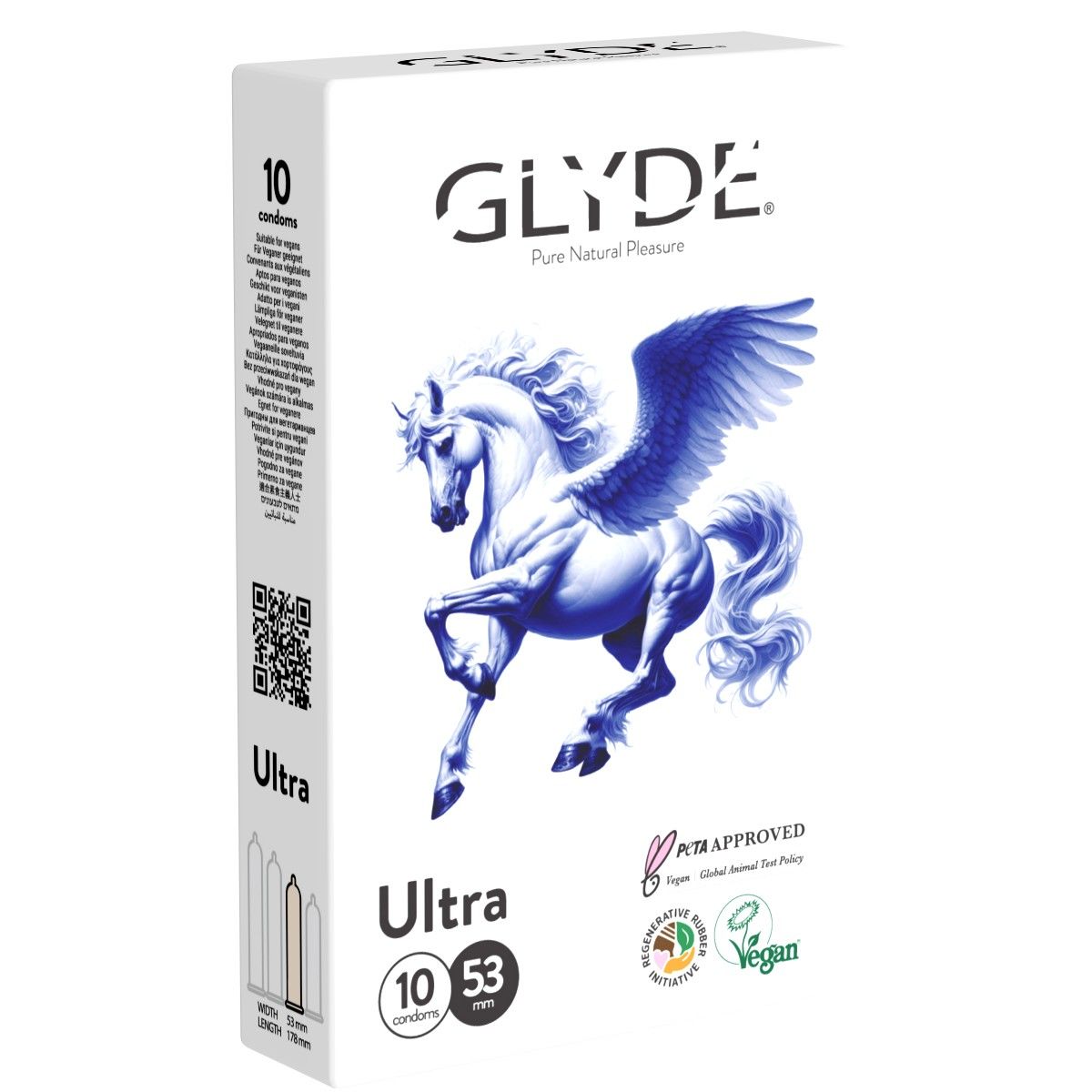 Packung mit 10 Glyde Ultra Kondomen, 53mm Breite, mit Pegasus-Motiv.