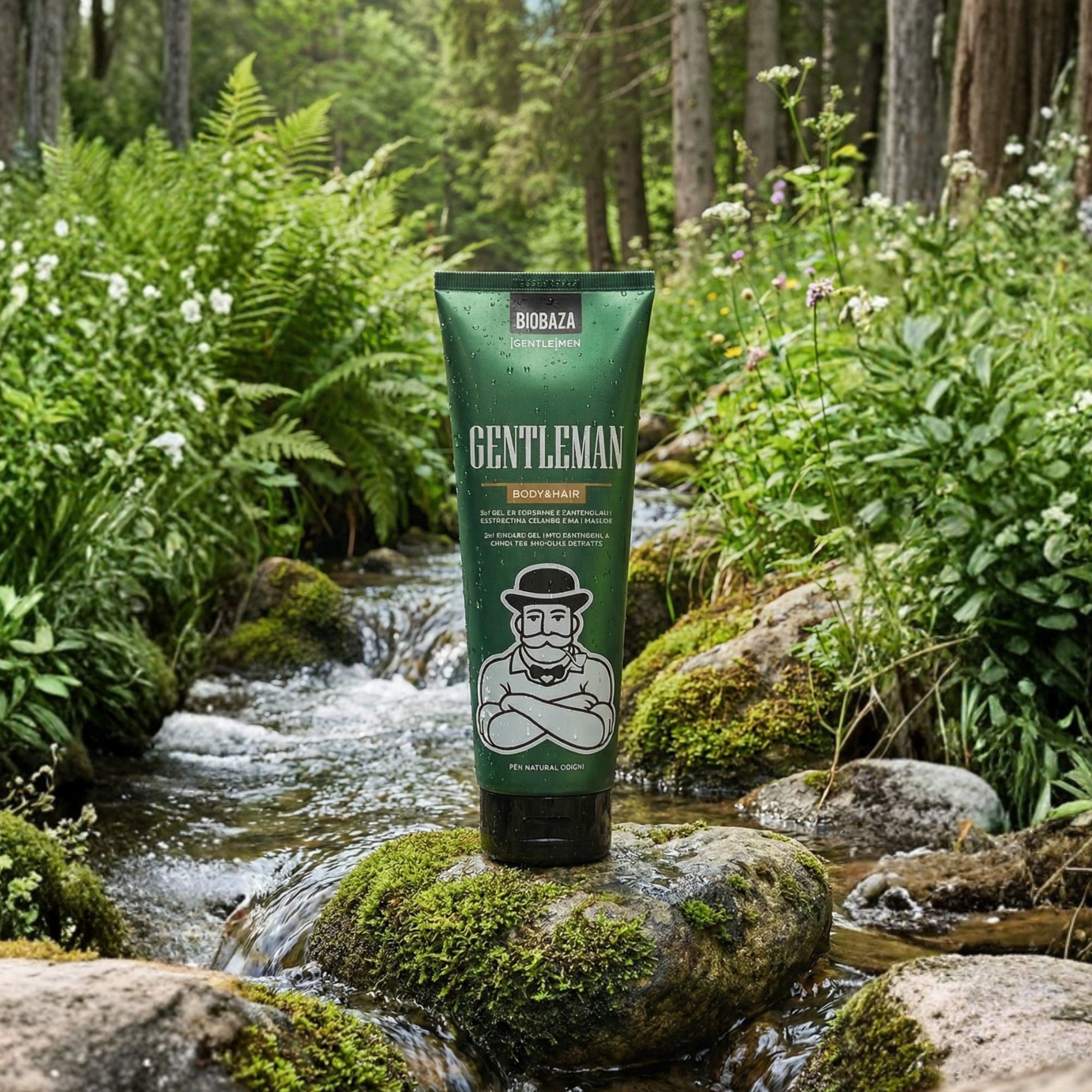Grüne Tube Duschgel "GENTLEMAN" mit Bartträger-Illustration. Vor Bachlauf in Naturlandschaft platziert.