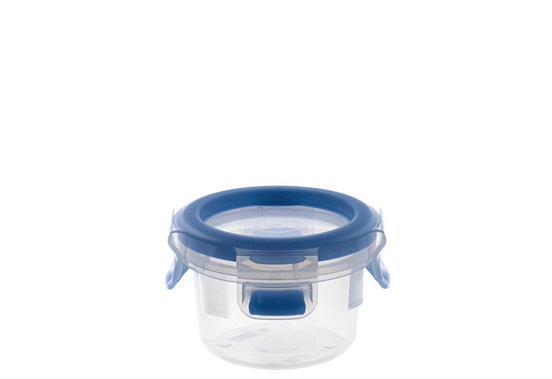 Transparente, runde Frischhaltedose mit blauem Deckel und Clips.