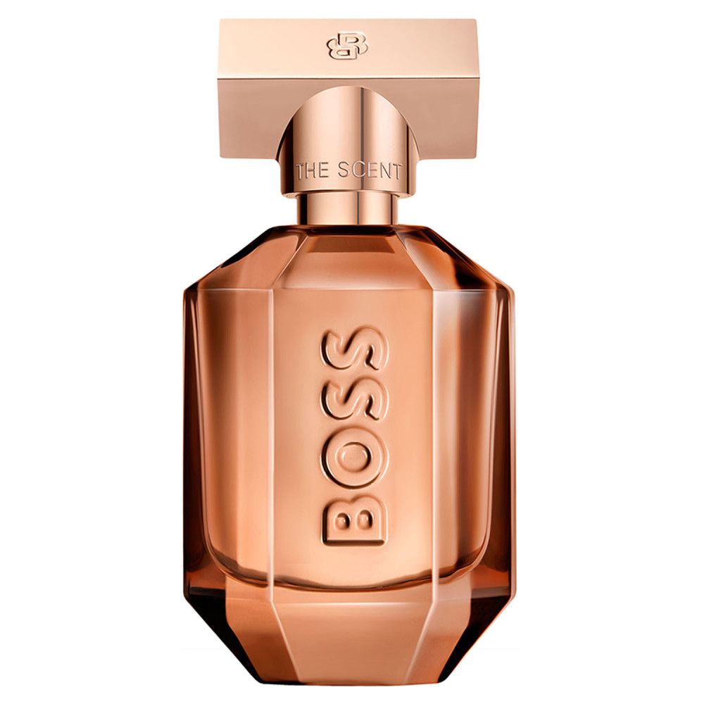 Hugo Boss The Scent Eau de Parfum Flakon in Facettenschliff-Optik, goldfarben.
