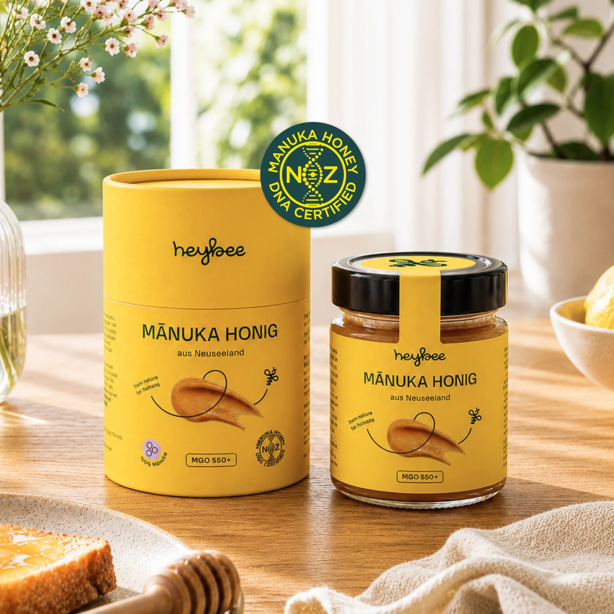 Glas und Röhrenverpackung Manuka Honig MGO 550+. NZOTA-Zertifizierungssiegel.
