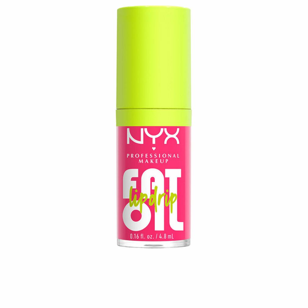 Lippenöl-Tube mit neongrünem Deckel. Aufschrift: NYX PROFESSIONAL MAKEUP, FAT oil lip drip. Rosa Verpackung, transparente Basis. 0.16 fl. oz. / 4.8 ml.