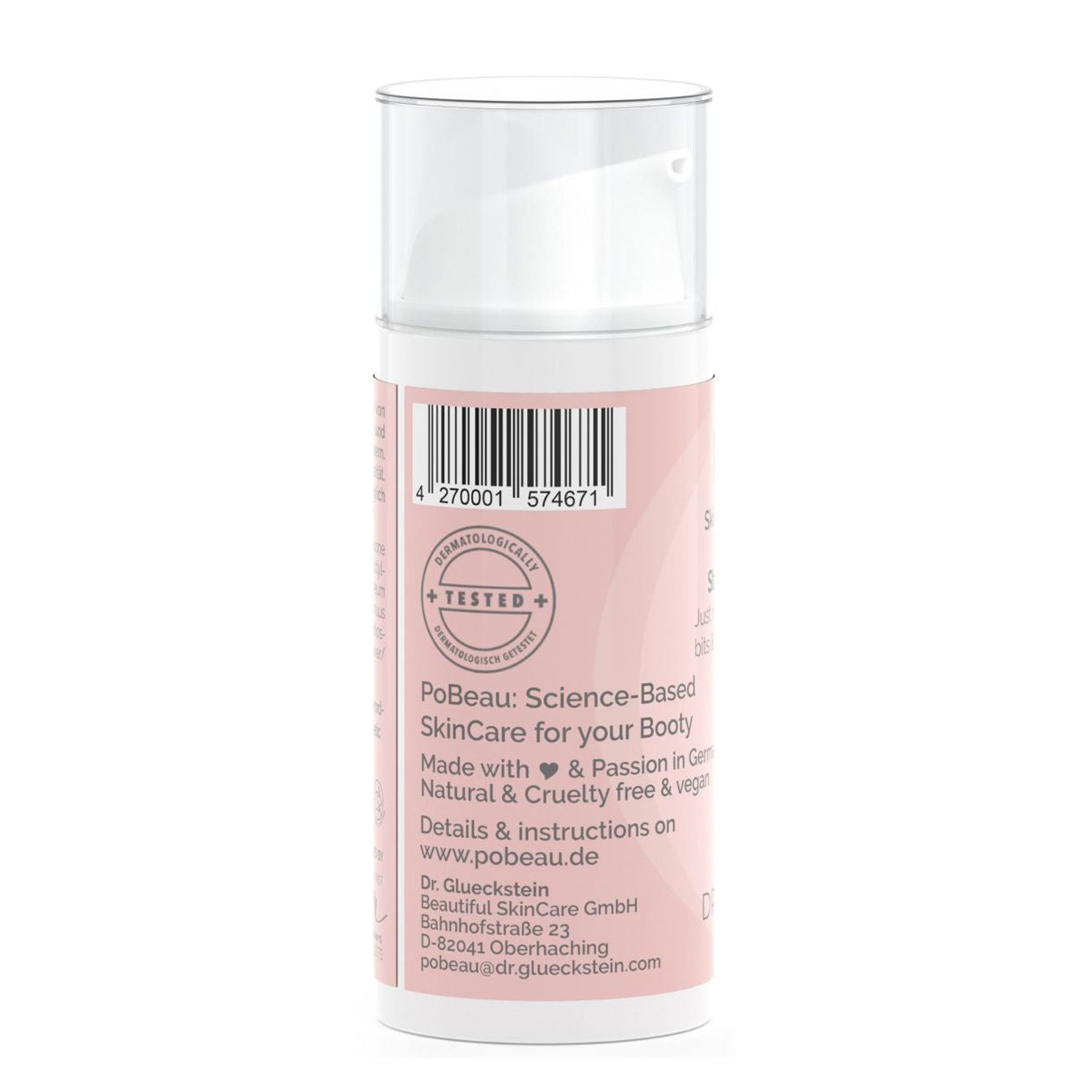 Rückseite der rosa Flasche. Barcode. Text: Pobeau, Science-Based SkinCare. Logo: Herz. Getestet.