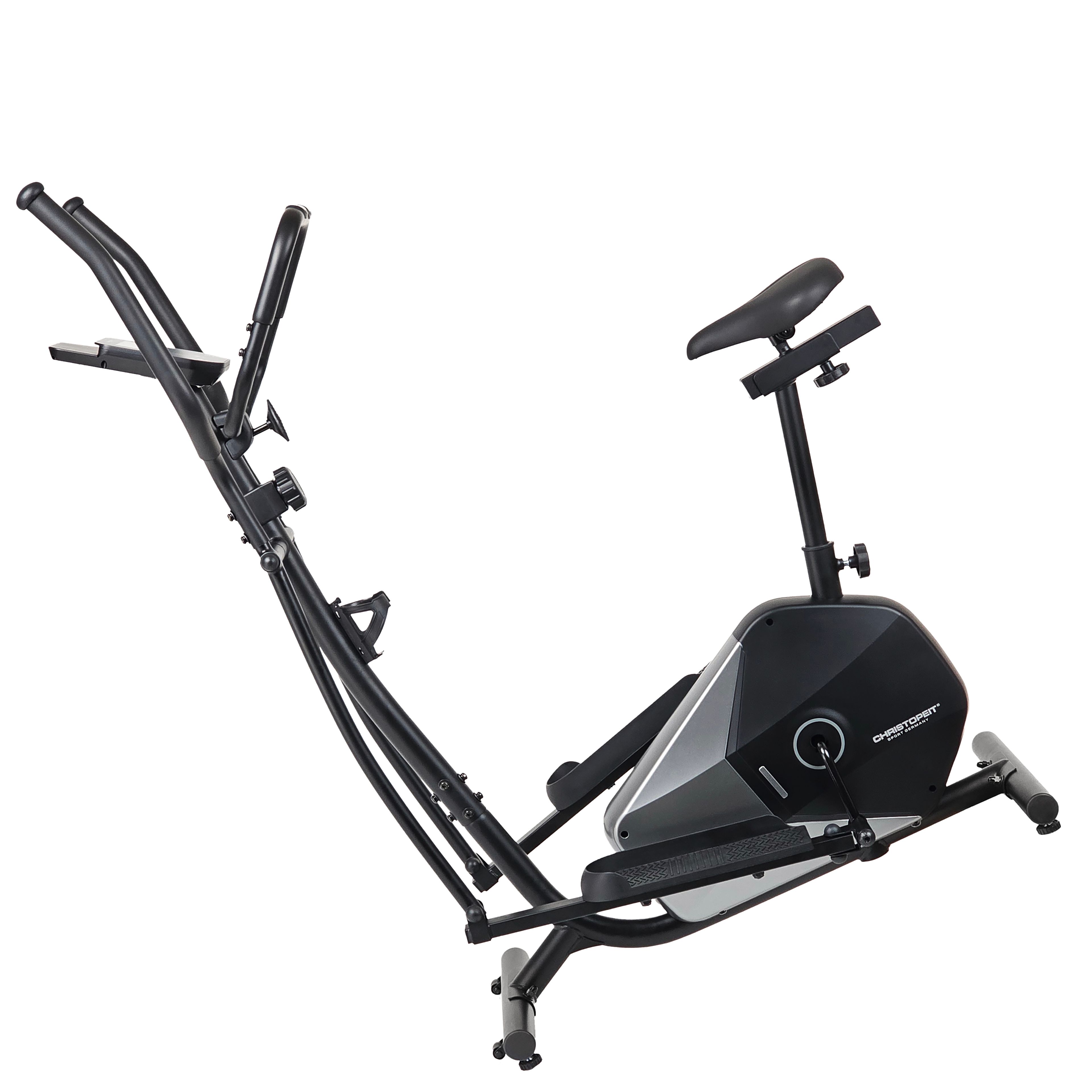 Crosstrainer CT 6 Hybrid 2in1. Schwarzes und silbernes Fitnessgerät. Winkelansicht. Pedale, Griffe und Sitz sichtbar.