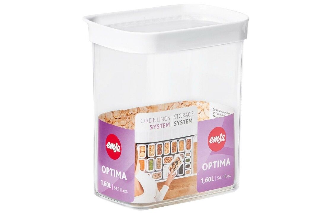 Transparente Vorratsdose mit weißem Deckel. Aufkleber mit Produktnamen Optima und Logo emsa.