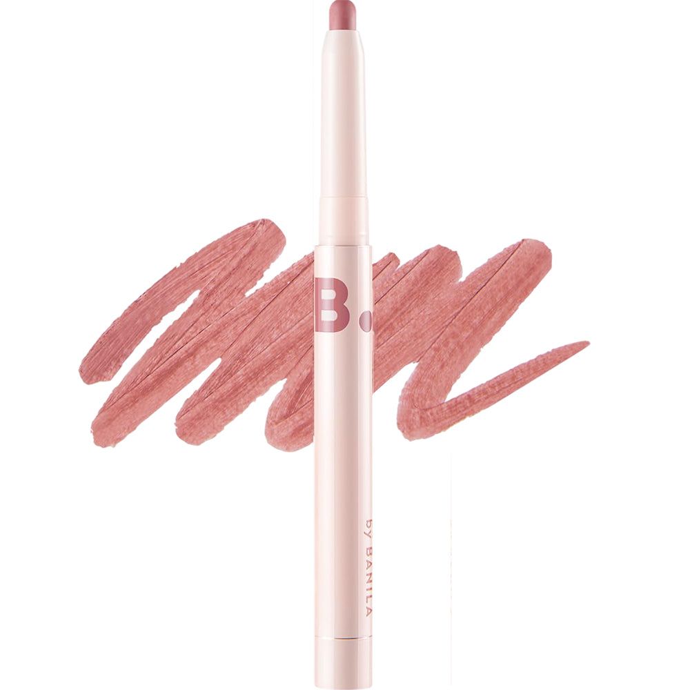 Ein einzelner Lippenstift in Nude Rose mit Farbabstrich.